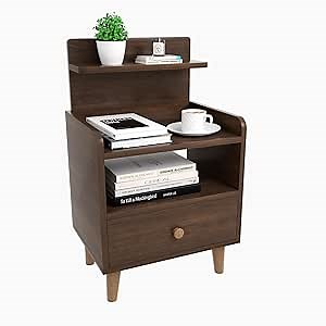 Night Stand, Wood Bedside Tables with Drawers, Mid Century Modern Side Table with Open Storage Shelf,Boho End Tables for Bedroom and Small Spaces (Walnut)