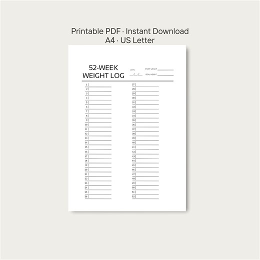 52 Week Weight Tracker Printable | Weekly Weight Loss Log PDF | Simple Yearly Fitness Tracker | Instant Download - Etsy