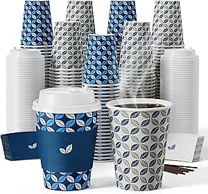 JOLLY CHEF 12oz Paper Coffee Cups 100 Pack, Disposable To Go Coffee Cups with Lids, Sleeves and Stirrers for Christmas