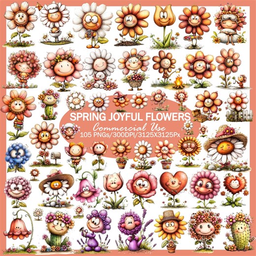 Spring Flower Clipart Bundle, Cartoon Floral PNG (commercial Use - Etsy