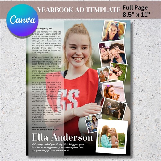 Senior Yearbook Ad Template | Full Page Girl | Graduation Photo Collage Template (canva Digital Download) - Etsy