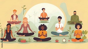 Cartoon characters participate in a mindfulness exercise, learning to focus on the present moment and observe their thoughts without judgment.