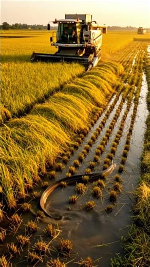 😱“Amazing Farm Footage: Rice Harvesting with Harvester & Eel Fish Surprise!”#eelfish#agriculture