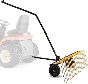 Pine Straw Rake ATV Rake Tow 60 Inch Heavy Duty Steel Landscape ATV Rake Tow Behind with Lift Handle Wheels 17 Spring Steel Hitch for ATV UTV or Tractor Pine Straw Leaves Grass (60 inch)