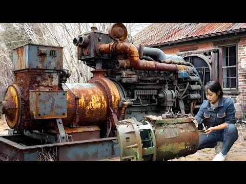 💡隔壁工地老板拉来一个巨型发电机，齿轮损坏外部缺少配件，天才女孩花了5天时间修复成功！Genius girl repairs generator！林果儿