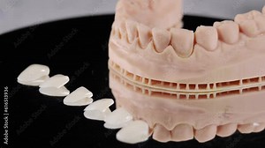 Dental veneers and plastic jaw model in modern dentistry. Shot on black background. Medically accurate tooth. Teethcare. Porcelain veneers. aesthetic function reconstruction. perfect smile concept Stock Video