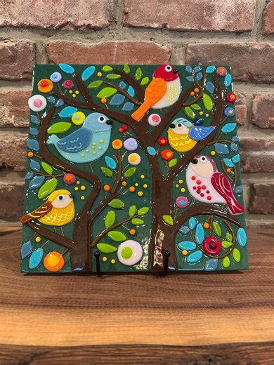 Birds in a Tree, Fused Glass Folk Art Glass Panel - Etsy