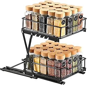 Pull Out Spice Racks for Inside Cabinets, 2-Tier Sliding Spice Rack Organizer For Cabinet, Spice Jar Organizer, Adjustable Height Kitchen Seasoning Organizer, 6.2”-11.8”H × 8.2”W x 9.8”D