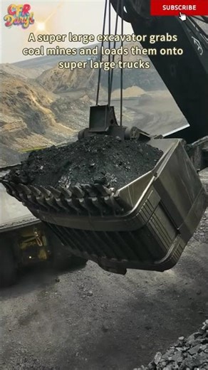 A super large excavator grabs coal mines and loads them onto super large trucks