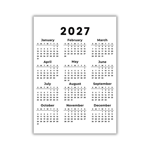 2027 Calendar Printable Year at a Glance Wall Calendar Sunday Monday Start Instant Download - Etsy Canada