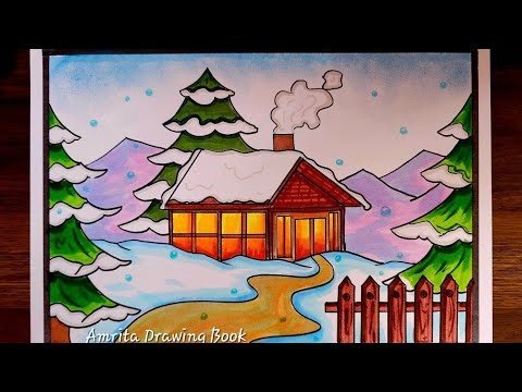 Winter Season Drawing Easy Steps | Winter Snowfall Scenery Drawing | Types of Season Drawing Easy