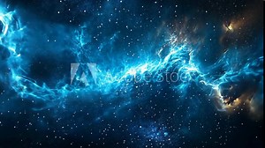 A blue nebula glows in the vast expanse of space, dotted with countless stars