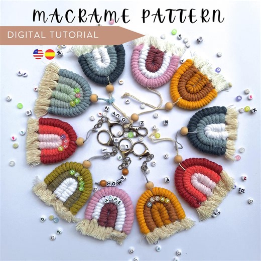 Rainbow Macrame Keychain Pattern PDF Download, DIY Beginner Tutorial, Step by Step Macrame Guide