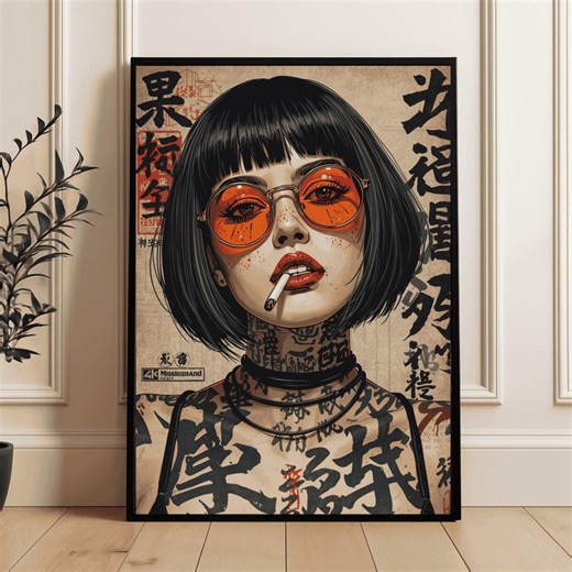 Japanese Tattoo Girl Wall Art, Tokyo Street Art Poster, Asian Tattoo Portrait Print, Neo Tokyo Rebels Illustration, Cyberpunk Woman Art - Etsy