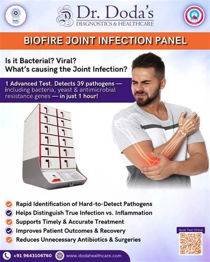 Dr. Doda's Diagnostics and Healthcare on Instagram: "Introducing BIOFIRE JOINT INFECTION PANEL at Dr. Doda’s Diagnostics. Is it Bacterial? Viral? What’s causing the Joint Infection? 1 Advanced Test. Detects 39 pathogens — including bacteria, yeast & antimicrobial resistance genes — in just 1 hour! -Rapid Identification of Hard-to-Detect Pathogens -Helps Distinguish True Infection vs. Inflammation -Supports Timely & Accurate Treatment -Improves Patient Outcomes & Recovery -Reduces Unnecessary Ant