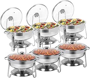 6 Packs Round Chafing Dish Buffet Set, 4 QT Stainless Steel Chafing Dishes with Glass Lid & Lid Holder, Catering Food Warmers for Parties Buffet Weddings Events