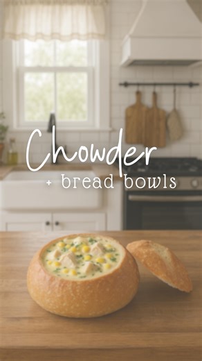 🍂 Creamy Chicken Corn Chowder in Homemade Bread Bowls 🍞 Nothing says cozy fall vibes like diving into this velvety, soul-warming chowder served in a crusty homemade bread bowl. The best part? This recipe is SO easy to double batch and stash in the freezer for those crazy weeknights when you need comfort food FAST. Packed with tender chicken, sweet corn, and all the creamy goodness, this is the ultimate fall dinner that’ll have everyone coming back for seconds. Your kitchen will smell absolutel