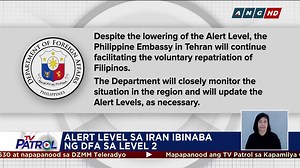 Mula sa alert level 3, ibinaba ng DFA ang alert status ng Iran sa alert level 2. Ito'y sa harap ng pagbuti ng sitwasyon sa naturang bansa | TV Patrol