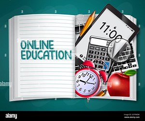 Online education vector design. Online education text with tablet, keyboard, notebook and calculator e-learning elements for distance learning study Stock Vector Image & Art - Alamy