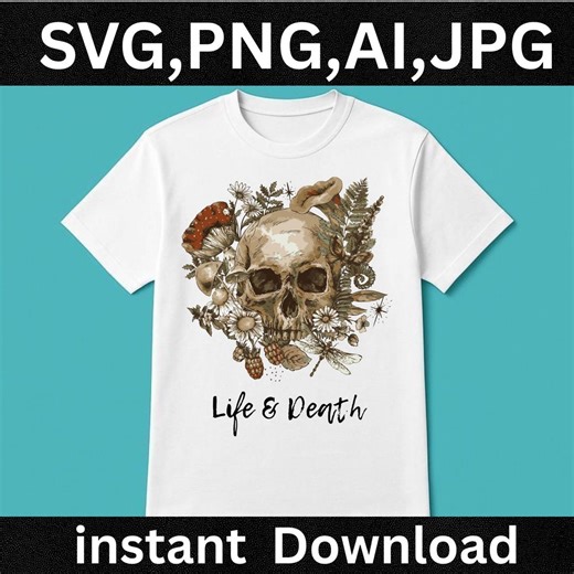 Life & Death Skull T-shirt, Gothic Skull Art Shirt, Floral Skeleton Tee, Dark Aesthetic Shirt, Halloween Gift, Nature Skull Poster Mug Cap - Etsy
