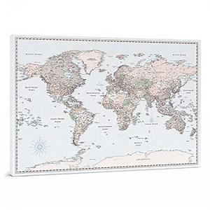 Push Pin Travel Map - Detailed World Map with Pins - Canvas Pinboard Map to Hang & Pin - Mark Places You've Been - Options to Personalize (Medium (39,3x27,5 in / 100x70 cm), Retro Light Blue)