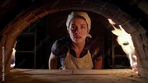 A baker watches the flames rising in her wood-fired oven, creating a dramatic scene of culinary