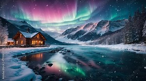 Winter Wonderland, Snow, Night, Sky, Aurora, Landscape Scenery, Village, Wooden House, Castle, Nature Ambience, Outdoor - Snowfall, Snow Falling, Loop Video 4K Background