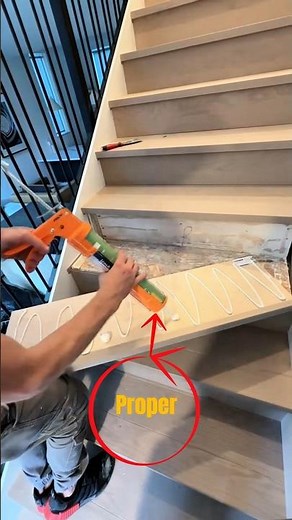 Professional Wooden Stair Installation – Perfect Adhesive Application Technique.