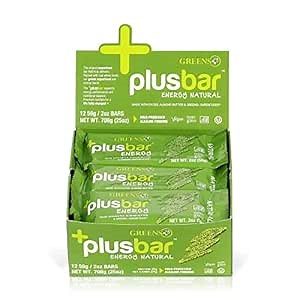 Greens+ Plusbar Energy, Natural, Gluten-Free Snack with Super Greens, Superfoods & Almond Butter, Vegan, Dairy-Free, Non-GMO, 10g Protein Meal Replacement, 12 Pack