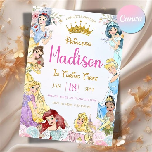 Princess Birthday Invitation Template | Disney Princess Invite | Editable Canva Invitation | Girl Birthday Party Card | Instant Download - Etsy
