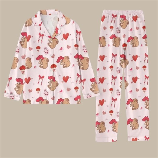 Capybara Pajama Set for Women, Pink Valentine's Day Sleepwear, Kawaii Animal Print Loungewear, Birthday Gift for Her - Etsy