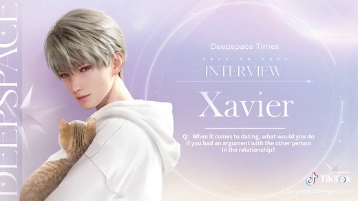 Love and Deepspace | In-Depth Interview · Xavier Over the past few weeks, we visited every location where Wanderers had appeared, yet we're always a step behind Xavier. We were frustrated at our lack of progress. But finally, Lady Luck smiled upon us. On a sunny afternoon, we were taking a break at the park when we spotted a familiar figure. Sleeping under the shade of a tree with a kitten snuggled against his chest, the individual turned out to be Xavier, the person we've been looking for! Afte