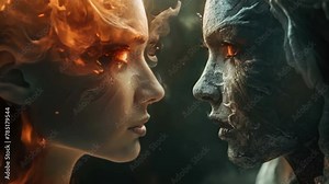 Concept of opposition between good and evil. Devil and angel in one person. The opposites of eternal fight good and bad. Demon and saint conflict. Hell vs heaven. Holy white ice or red Satan fire.