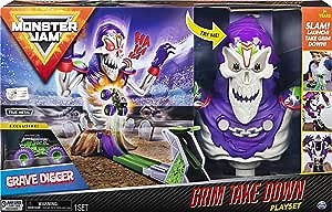 Monster Jam, Grim Takedown Playset with Lights and Sounds, Featuring Exclusive 1:64 Scale Die-Cast Grave Digger Monster Truck