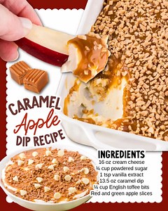 4.3K views · 12 reactions | Dip, drizzle, repeat!  This Caramel Apple Dip is rich, creamy, and perfectly paired with your favorite sliced apples — the easiest way to make fall extra sweet. ✨ Ingredients 2 – 8 ounce blocks cream cheese, softened to room temperature ¾ cup powdered sugar, sifted 1 teaspoon vanilla extract 13.5 ounces caramel dip ¼ cup English toffee bits Red and green apple slices for serving (from 4 medium apples) | Very Best Recipes | Facebook