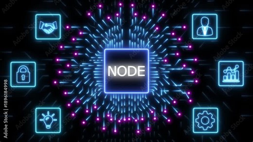 Central network node with glowing neon circuits and surrounding technology