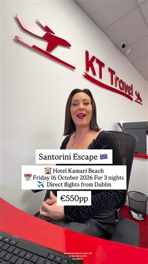🌋 Kamari, South Aegean Islands 🏨 Hotel Kamari Beach 📅 Friday 16 October 2026 🌙 3 nights 👫 Based on 2 sharing ✔️ Twin Room with Courtyard View & Balcony ✔️ Direct flights from Dublin ✔️ Transfers included ✔️ Steps from the famous black-sand beach ✔️ Ideal for a relaxing autumn getaway ✈️ Flight Times: 🕕 Dublin → Santorini 06:10 – 12:30 🕔 Santorini → Dublin 17:20 – 20:00 💶 €550 per person seats 💳 Low deposit €100pp 📆 Second deposit €250pp due 1st March 2026 | KT Travel Dundalk