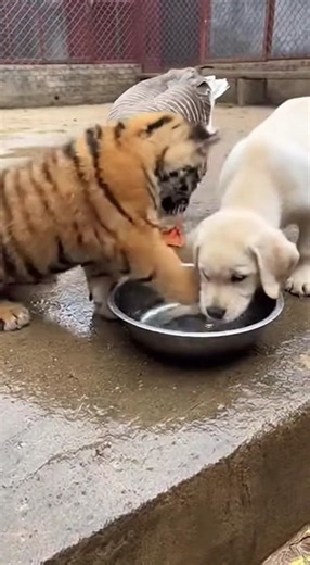 Baby Tiger and Labrador puppy fight for Water 🤪😜 #angrytiger #tiger