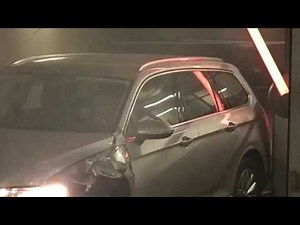 woman fails and crashes 4 times entering parking lot