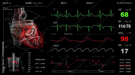 Advanced digital medical monitor displaying real-time patient vital signs and a beating 3D heart animation.