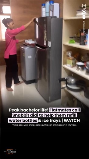 The Tatva on Instagram: "A video showing roommates in a Mumbai apartment calling “Snabbit didi” to refill water bottles and ice trays has become popular online. The video shows the roommates not doing the tasks themselves but using the Snabbit app to ask for help. This has led to discussions about how young city residents are changing household habits. Snabbit is an Indian company started in 2024. It provides home help services through a mobile app. The app connects users with trained and verifi