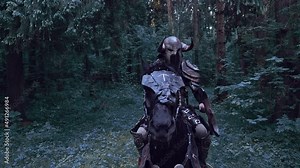 Viking. Warrior rides a horse from battle.