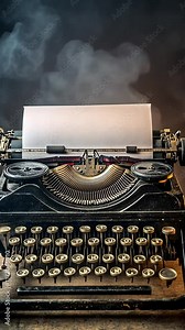 Vintage typewriter with blank paper, ready for writing, on a wooden surface against a smoky background.