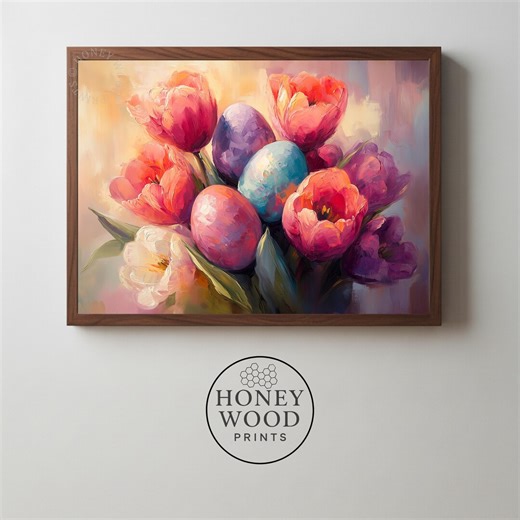 Pastel Easter Eggs among Spring Tulips - Festive Cottagecore Wall Art, Bright Farmhouse Floral Print, Printable Decor, Digital Download 479