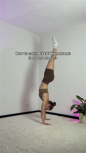 If you are struggling to catch your handstand, save this video for later ⬇️ The 5 step protocol | always follow: 1. Start with your hands and feet on the ground, don't kick up from standing upright 2. Kick up slow and controlled, too much kicking will make it harder to catch the handstand 3. Lean forward with your shoulders when you kick 4. Bend your elbows for stability before making them straight 5. Don't try to catch the