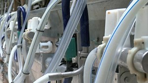 New suction Milking Machines installed on farm. Cow in a computerized milking machine. Workshop of dairy farm with equpment for milking cows