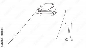 Animated self drawing of continuous line draw hitchhiking road travel. Man with big backpack stopped ride by thumbing. Vacation and trip concept for banner, website. Full length one line animation