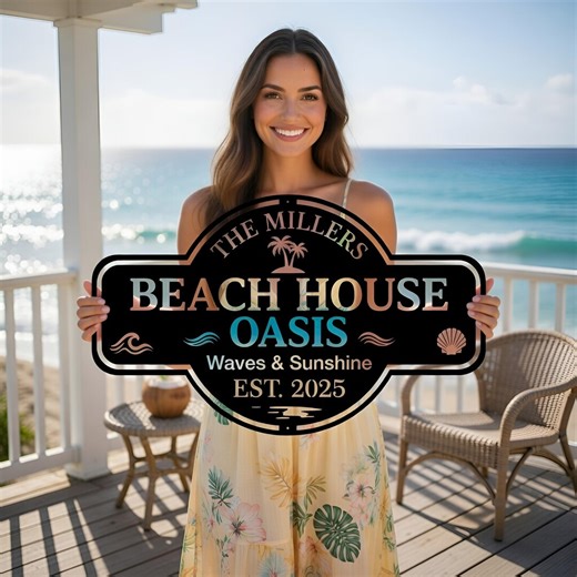 Custom Beach House Oasis Metal Sign, Personalized Coastal Family Name Decor, Waves and Sunshine Beach Sign - Etsy