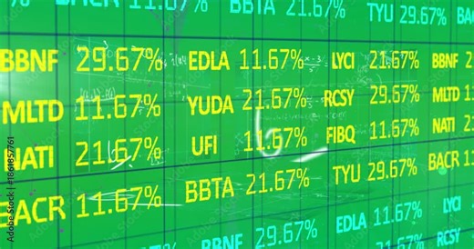 Animation of blue and yellow numbers and stock market statistics rolling over a grid