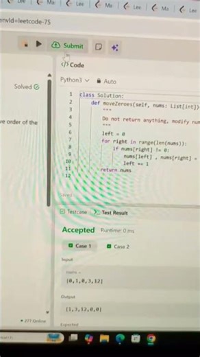 Move Zeroes Using Two Pointers Approach #python #twopointers #leetcode75 #coding #dsa